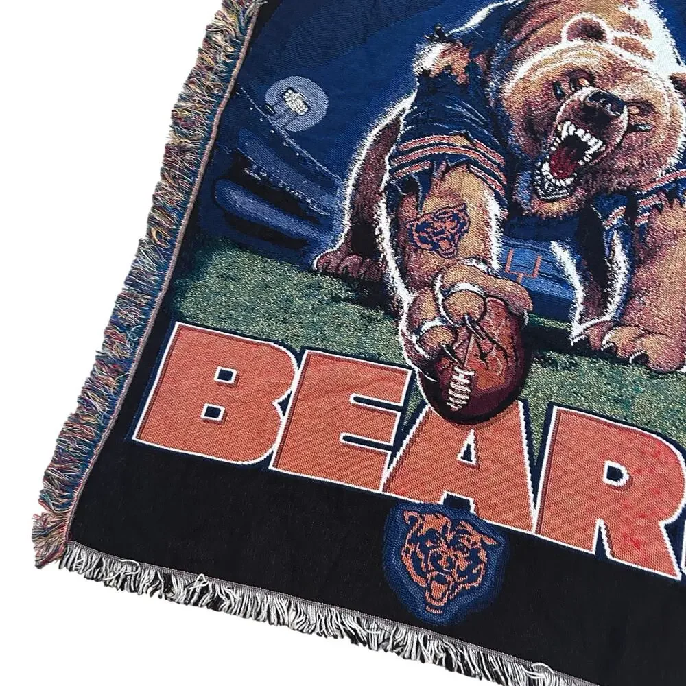 Vintage 90s Chicago Bears NFL Tapestry Fringe Throw Blanket 43x58 Americana